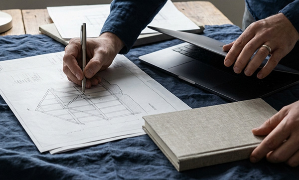 Man med penna och laptop skissar på utvecklingsprojekt.