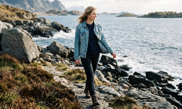 Kvinna i jeansjacka promenerar på stenstig vid havet.