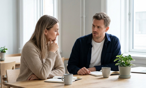 Man och kvinna sitter vid bord och diskuterar utveckling.